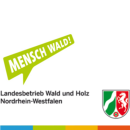 Landesbetrieb Wald und Holz Nordrhein-Westfalen. Wappen des Landes NRW, grüne Sprechblase "Mensch Wald!"